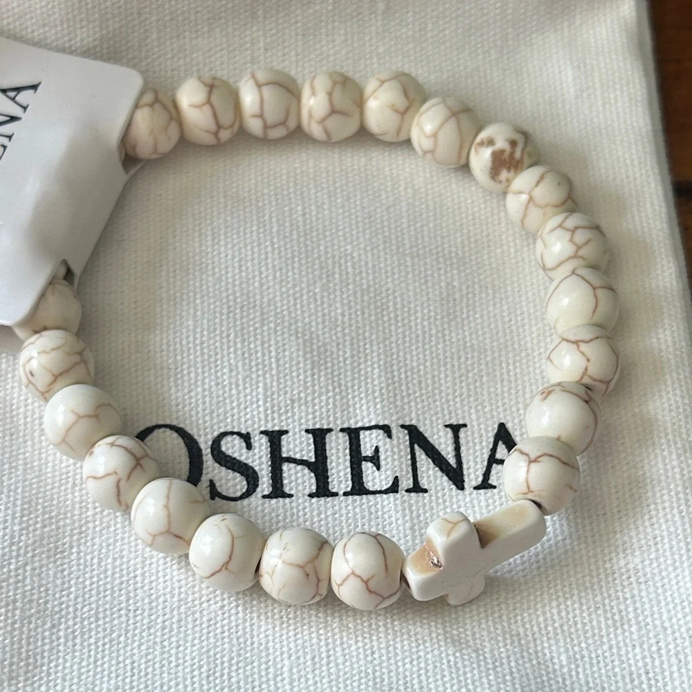 Oshena Designer‎ Beachwear natural white turquoise Beaded cross Bracelet UNISEX